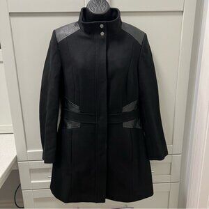 CLEO Petites Black Wool Blend Pea Coat with Waist and Shoulder Leather Accents